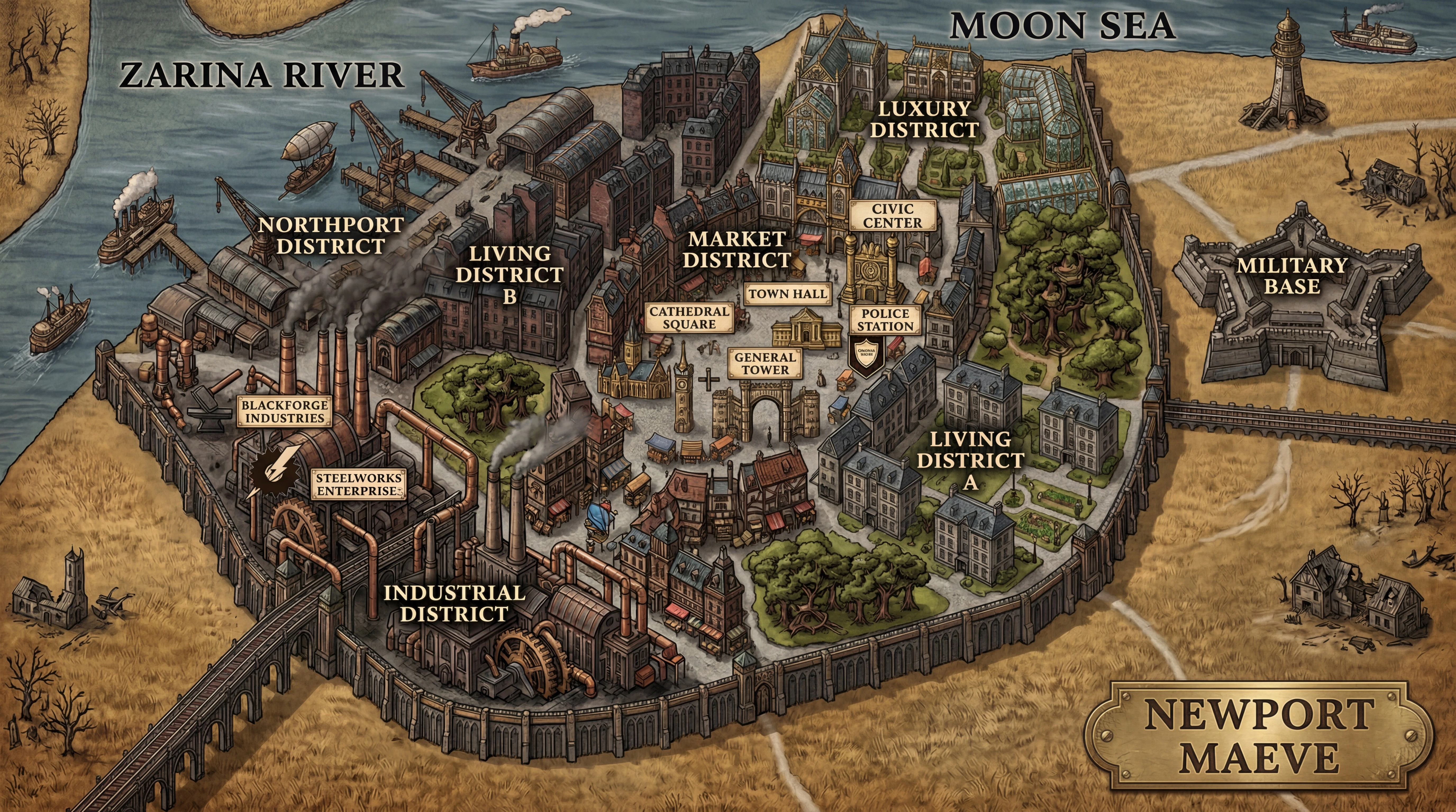 Illustrated map of Newport Maeve, where the Zarina River meets the Moon Sea